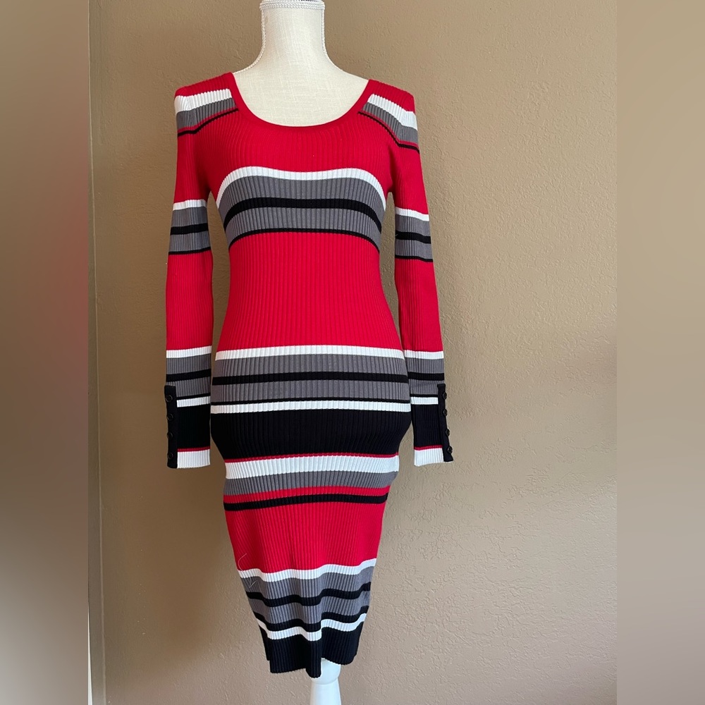 Soft, lightweight, long sleeve, ribbed dress. Red, black and white.